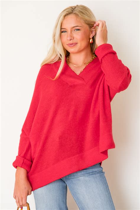 V-Neck Pullover Sweater, Red - Tops - The Blue Door Boutique