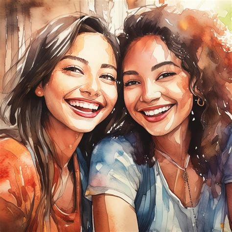 Premium Photo | A painting of two women posing for a picture with one ...