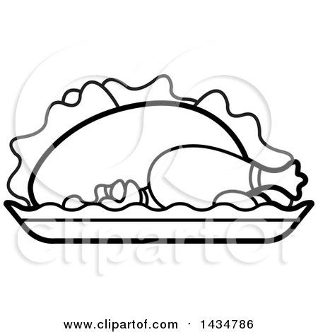 Clipart of a Black and White Roasted Chicken on a Platter - Royalty ...