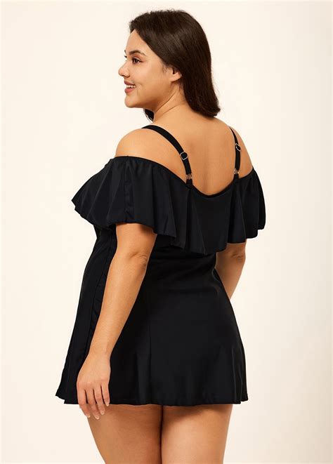 Lilyease Black Ruffles Modest Large Bust One Piece Swimdress - Lilyease