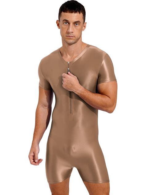 YIZYIF Mens Glossy Front Zipper Bodysuit Jumpsuit Spandex One-Piece