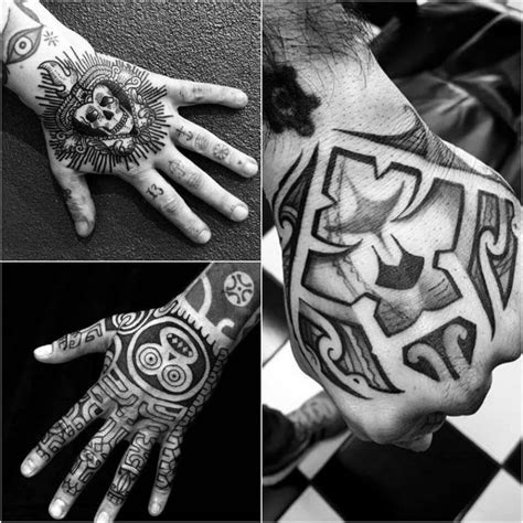 four different pictures of hands with tattoos on them