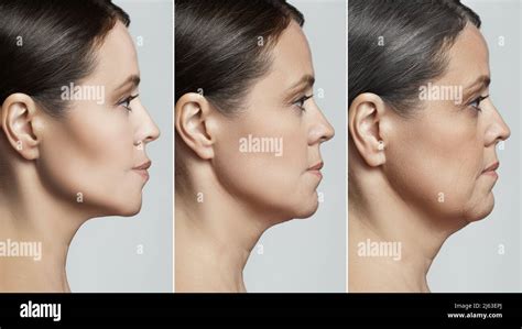 Female face representing aging concept. Comparison of young, middle aged and elderly age Stock ...