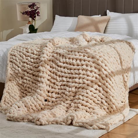 Amazon.com: Chunky Knit Soft Throw Blanket - Cream - Chunky Chenille ...