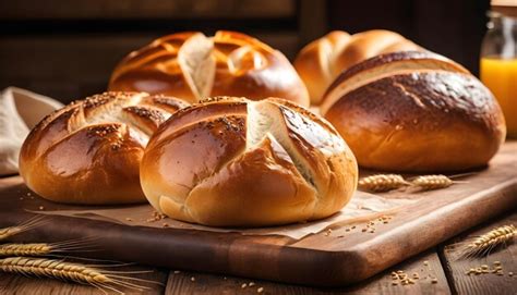premium photo fresh baked bakery bread  buns wheat  wooden
