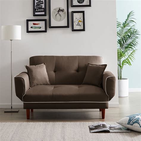 Lowestbest Mid Century Modern Sofa Sleeper Bed with 2 Pillows, Brown ...
