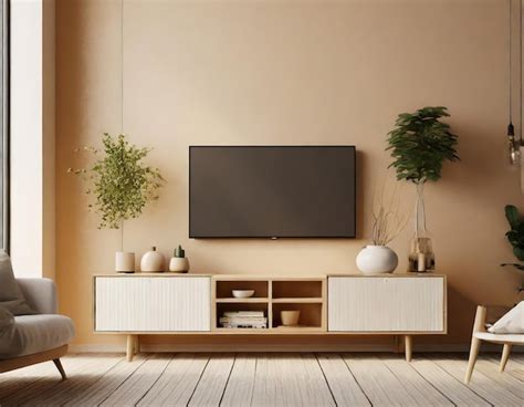 Premium AI Image | Cabinet for TV on the cream color wall in living ...
