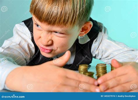 A Greedy And Greedy Rich Boy With Money Looks Around, Hiding Coins From ...