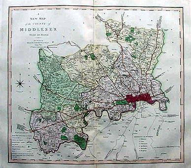 nineteenth century antique map  middlesex  charles smith