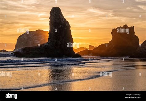 golden light surrounds sea stacks reflected   pacific ocean