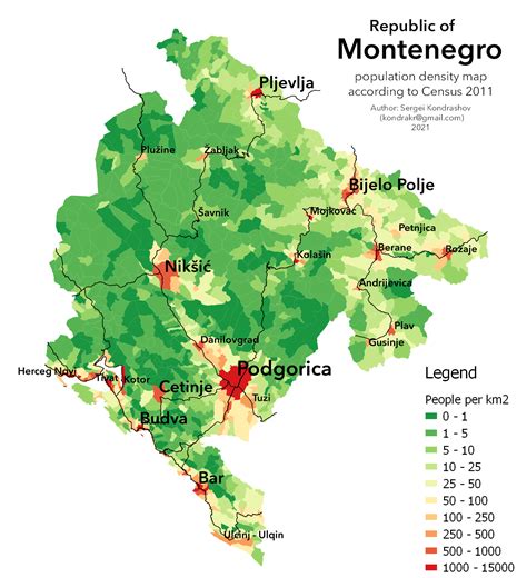 Population density map of Montenegro
