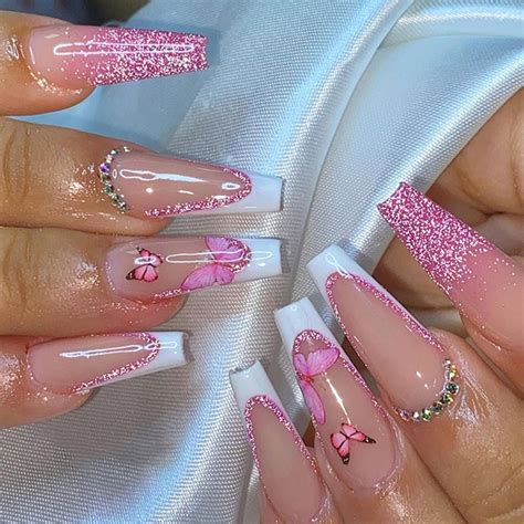 Coffin Press-On Nails with Glitter French Tips, Diamonds, Butterfly ...