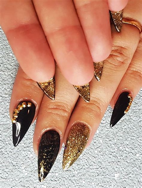 Black and gold acrylic sculpted nails with glitter underneath | Gold ...