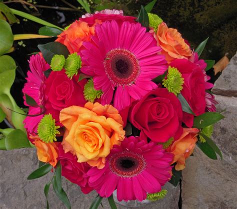 Hot Pink and Orange Gerbera Daisy and Rose Bouquet