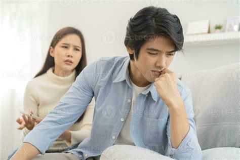 Infidelity, suspicion asian young couple love fight relationship, wife