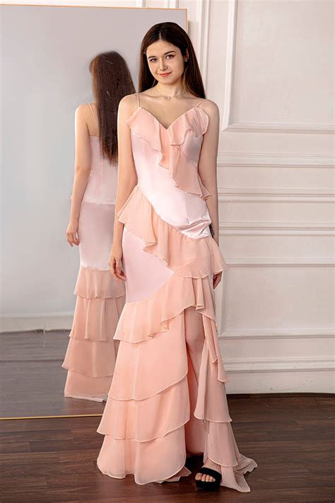 Llella Light Pink Ruffled Prom Dress with Slit Junior Prom Gowns – LLELLA