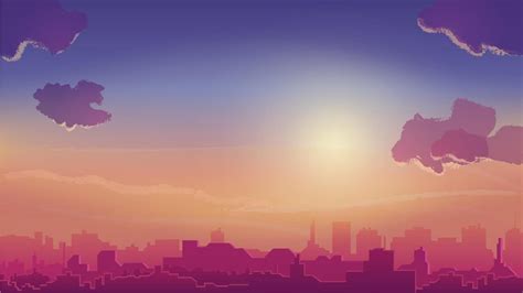 Orange sunset and city on horizon, cityscape in cartoon style 1994450 ...
