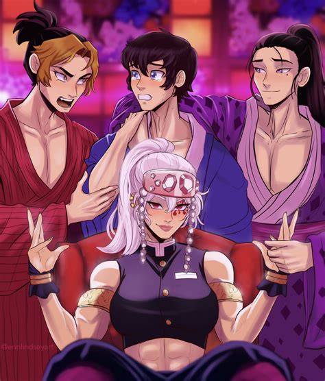 uzui tengen, hinatsuru, suma, and makio (kimetsu no yaiba) drawn by