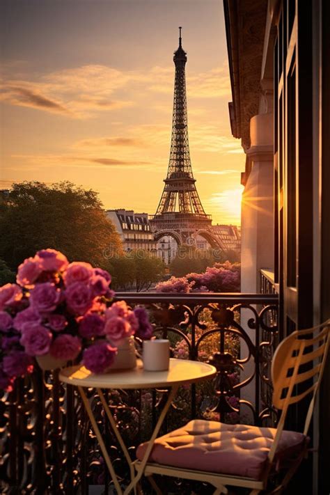 Terrace or Balcony with Eiffel Tower View at Sunset, Romantic Vacation ...