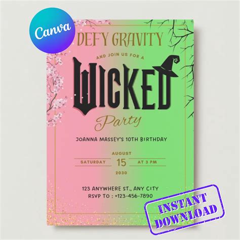Wicked Party Invitation for Birthday Editable Invite Pink and Green