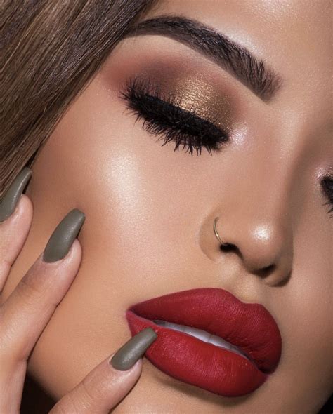 matte red lips and golden smokey eye look by @iluvsarahii | Eye makeup
