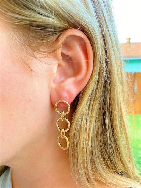 Textured Link Chain Earrings, Gold Drop Earrings, Gold Link Earrings ...