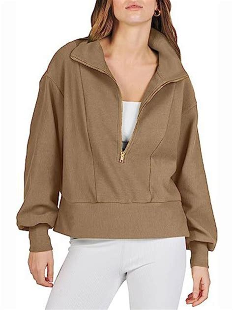 solid  zip  collar neck sweatshirt khaki xxl stylish