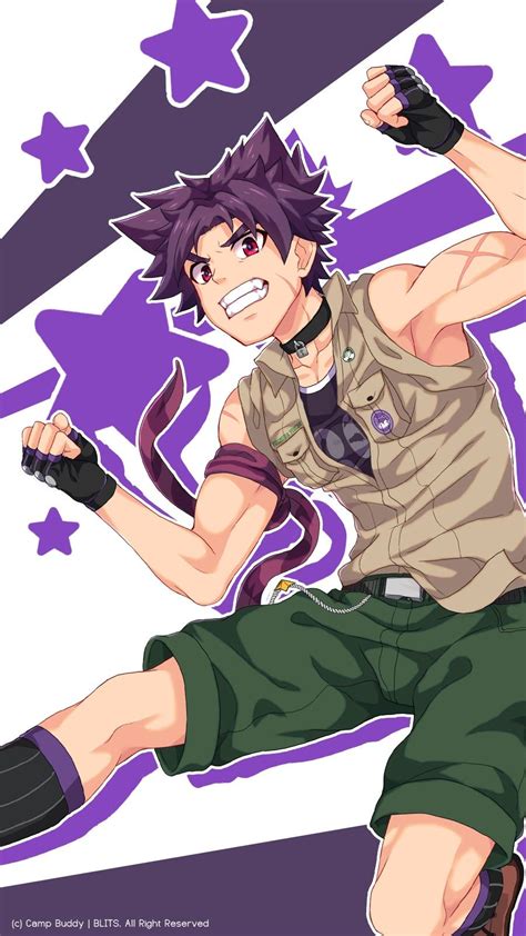 an anime character with purple hair and green pants