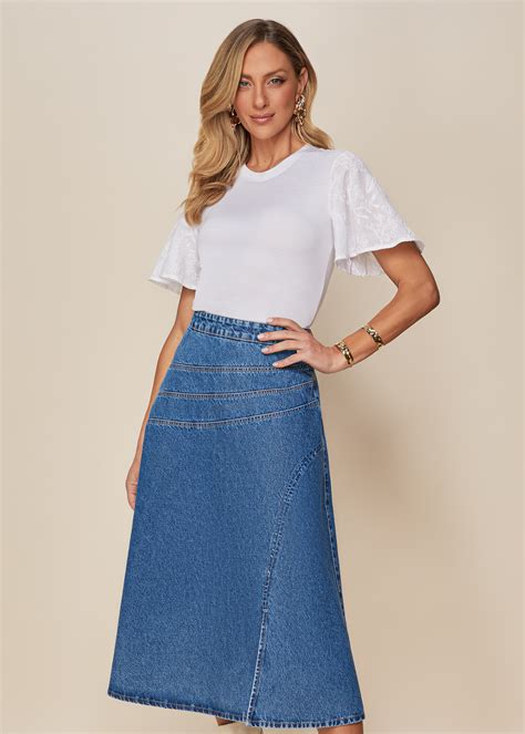 Saia Jeans Evasê Midi