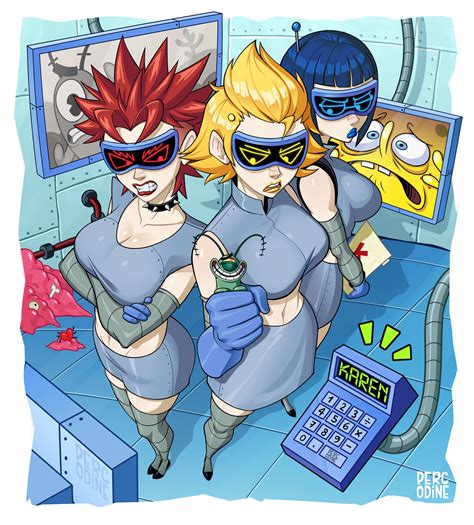 spongebob squarepants, plankton, karen, evil karen, smart karen, and 1