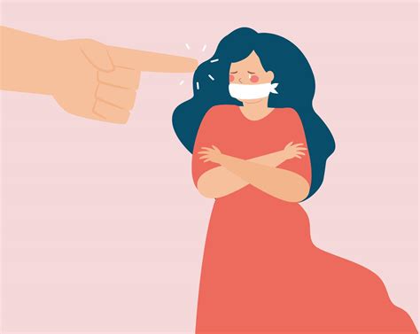 Silenced woman by force suffers from abuse. Female blamed by people