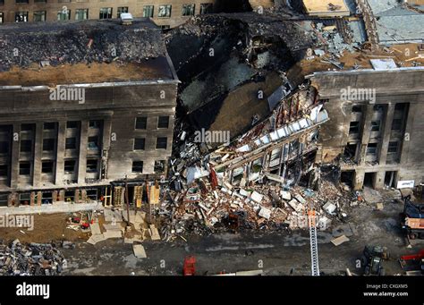 Aerial view showing the collapsed section of the Pentagon destroyed by ...