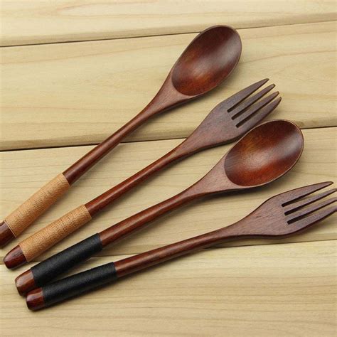 Wooden Dinner Spoons and Forks Set 1 Pairs Wood Flatware Utensils Set ...
