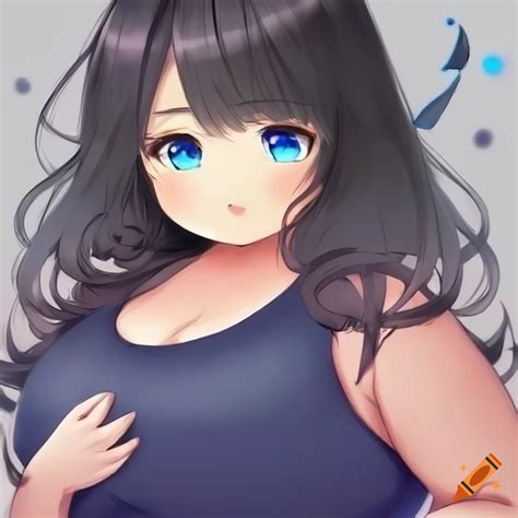 Chubby anime girl with voluminous black hair and beautiful blue eyes on