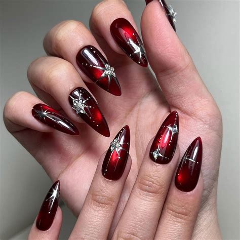 Handmade Press on Nails | Red Cat Eye Nails, Silver Star Rhinestone ...