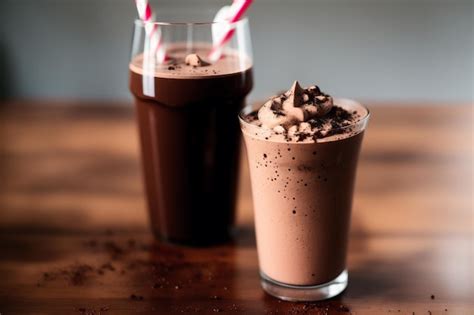 Premium AI Image | Two glasses of chocolate milkshake on a wooden table.