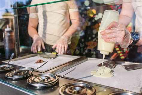 Stir-fried Ice Cream Rolls at Freeze Pan. Organic, Natural Rolled Ice ...