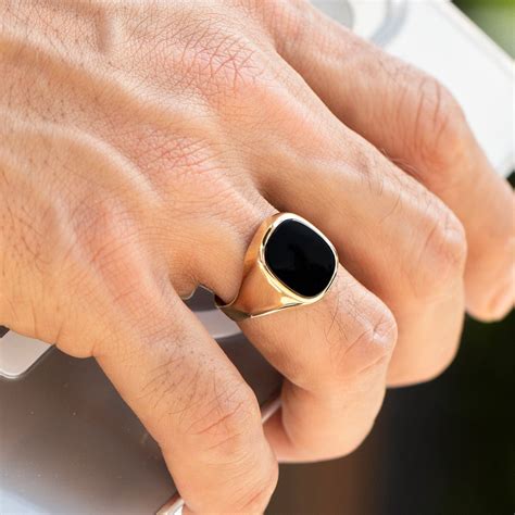 mens gold oval square signet ring  onyx  solid gold ring