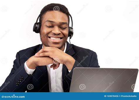 happy black receptionist working  call centre stock photo image