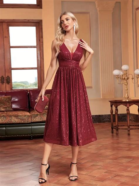 Contrast Sequin Midi Dress Elegant V Neck Backless Party - Temu