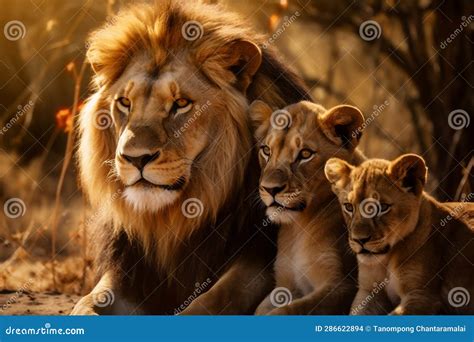 Leao E Filhotes - Leão Com Leoa E Filhote De Leão Descansando Juntos Na Savana Pastando ...