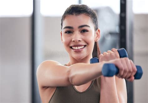 Woman, Portrait and Dumbbell in Gym for Workout, Exercise and Training ...