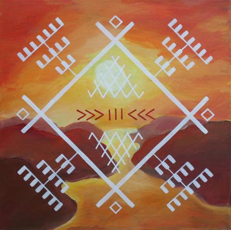 Traditional Latvian folk symbols on sunset landscape. Acrylic on canvas ...
