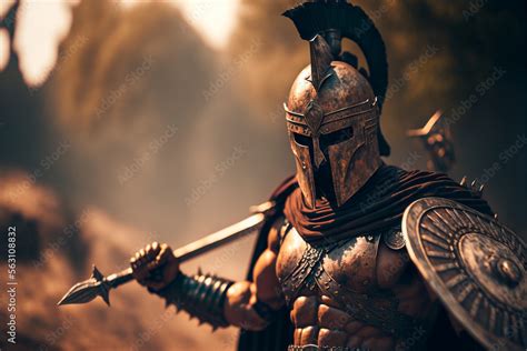 Illustration of spartan warrior in armor with shield and sword, antique ...