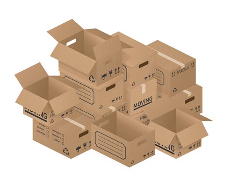 Pile of boxes. Open and closed brown carton cardboard boxes with ...