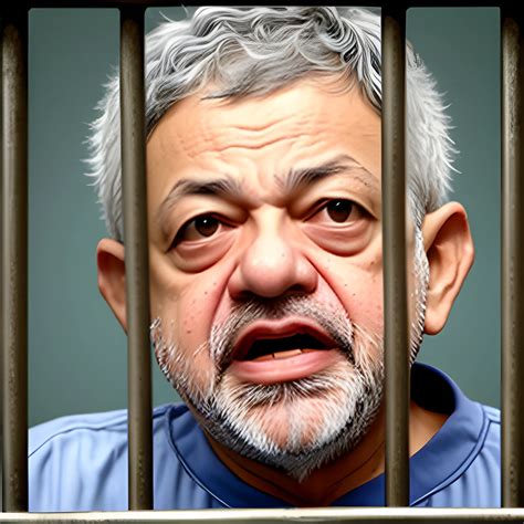 Lula behind bars, with a brave face holding the bars and shouting for