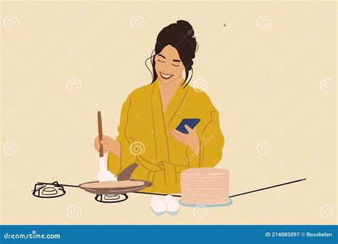Женщина в купальном халате готовит блины на тарелку Иллюстрация вектора ...