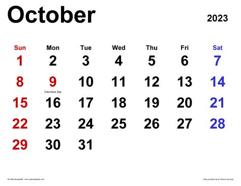 October 2023 Calendar | Templates for PDF, Excel and Word