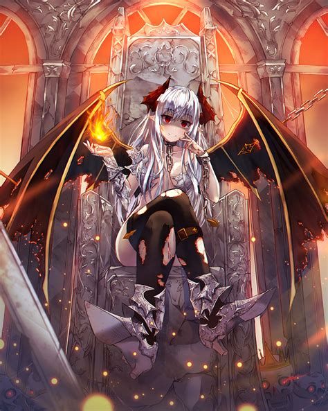 demon girls, Lkeris, red eyes, artwork, anime girls, silver hair, horns