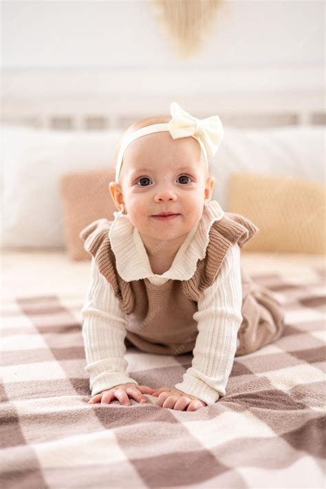 Premium Photo | A cute little european girl with brown eyes in a beige